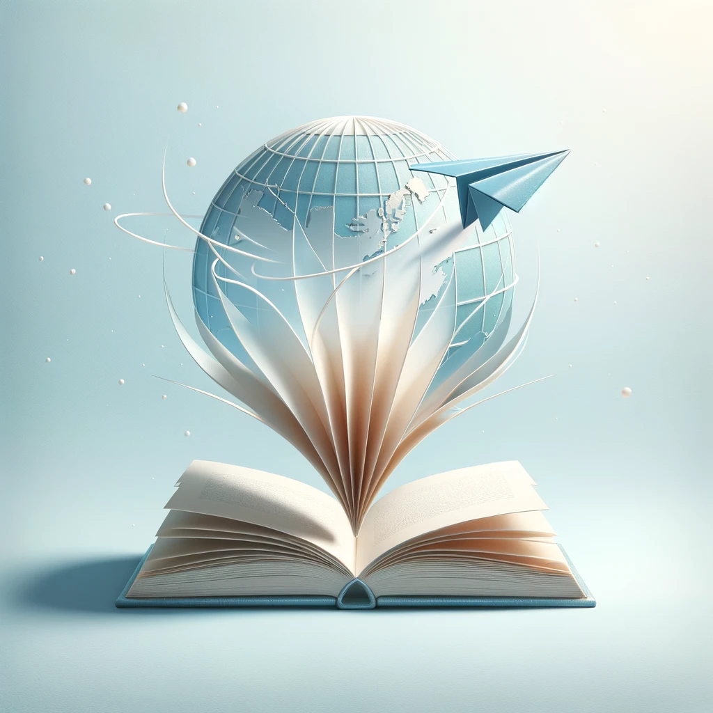 Illustration of an open book with pages transforming into a paper airplane, flying towards a stylized globe against a light pastel blue background, embodying the journey of translation